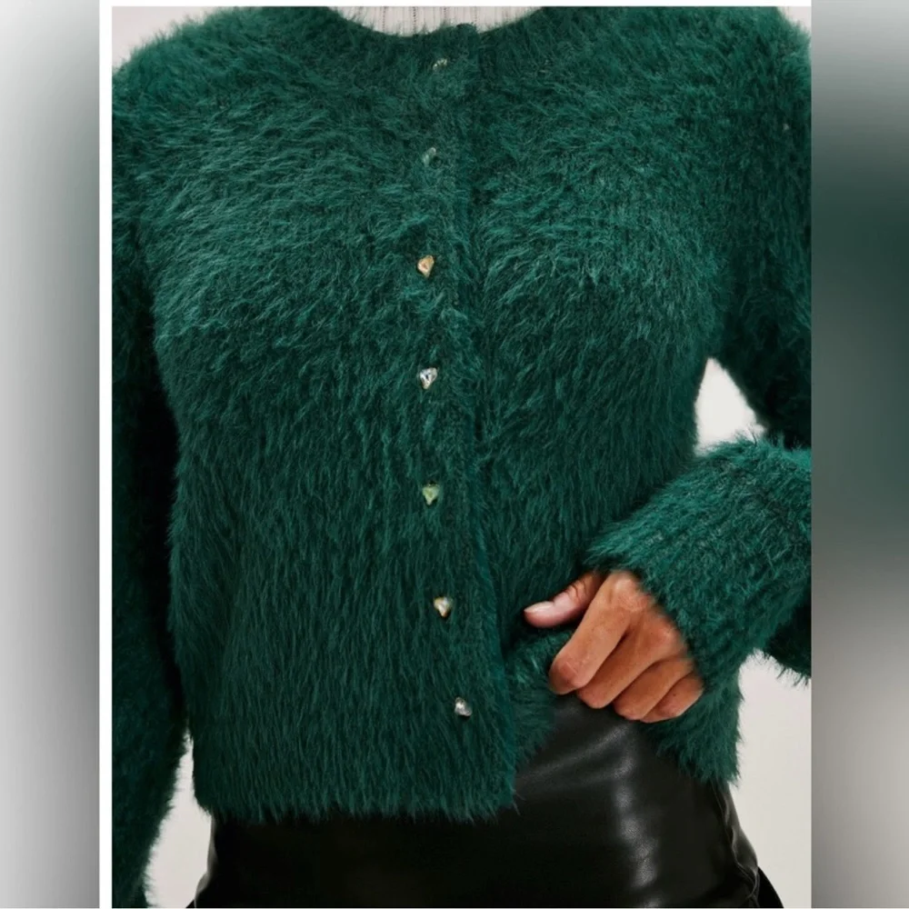 Free People Celeste Cardi Sweater Top in Uncut Emerald Small - Picture 2 of 9